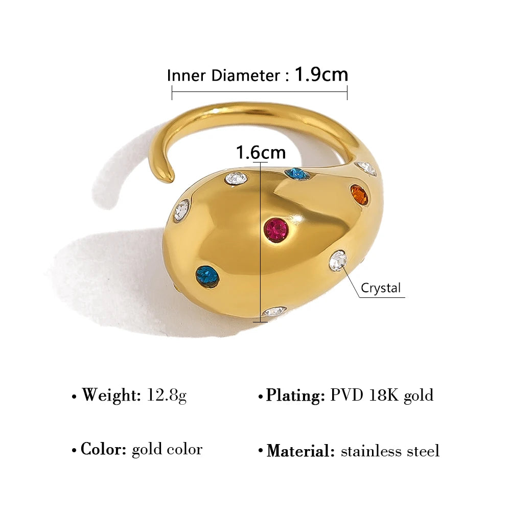 YACHAN 18K Gold Plated Glossy Chunky Stainless Steel Rings for Women Chic Colorful Crystal Statement Jewelry