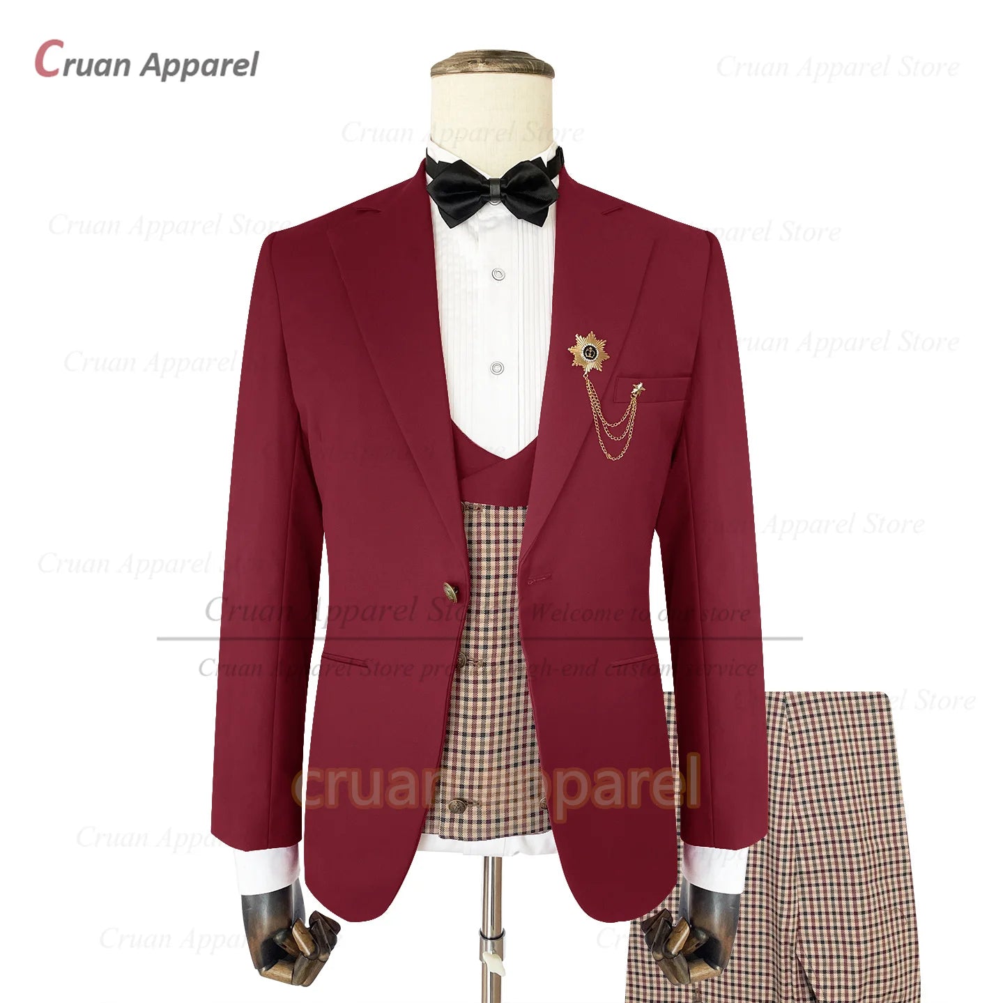 Classic Brown Suit Sets For Men Fashion Checkered Blazer Vest Pants 3 Pieces Formal Party Tailor-made Elegant Slim Fit Costumes