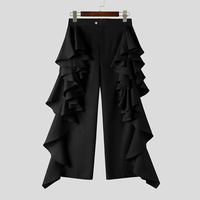 INCERUN 2025 American Style Trousers Fashion New Men Double-layer Flounce Pants Male Casual Solid Color Wide Leg Pantalons S-5XL