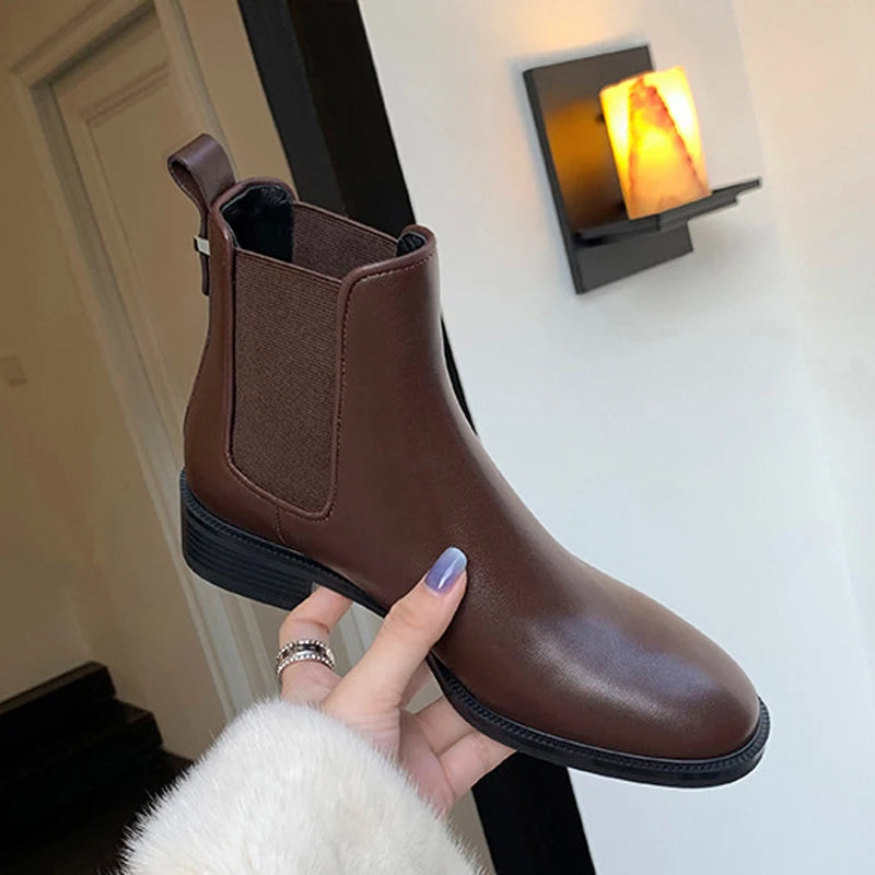 2026 Autumn/Winter Ankle Boots Women Basic Chelsea Botas Mujer Low Thick Heels Short Booties PU Leather Slip On Stretch Botines