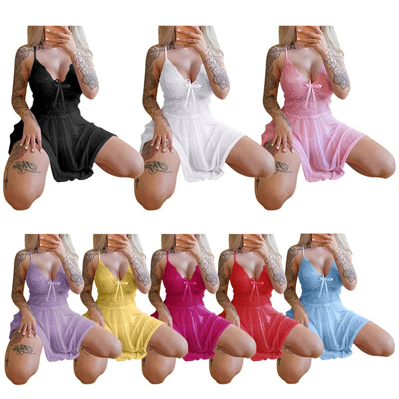 Sexy Sleepwear Women's Nightgowns Dress Through Lace Sexy Lingerie Night Dress Women Underwear Party Nightie 3XL