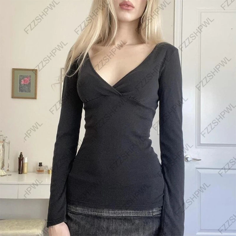 Women's knitted black T-shirt spring and autumn new long sleeve casual sexy fashion slim crop top versatile street wear y2k ropa