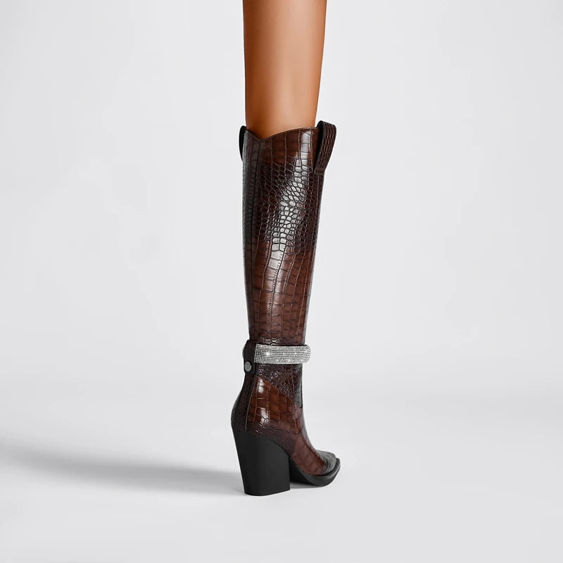 Kaky's New Water Diamond Pointed Thick High Heels Oversized Women's Boots Long Boots High Barrel Boots Western Boots 44 45 46