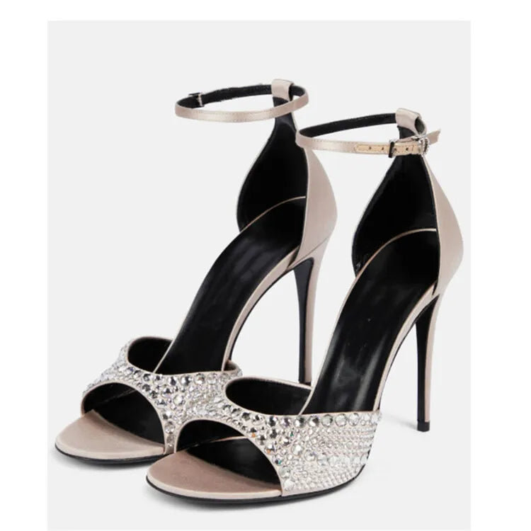 Summer 2023 Internet Celebrity Rhinestone Open Toed Sandals Fashion Round Toe Slim Heel Sandals Sexy Wrapped Party Sandals 35-43