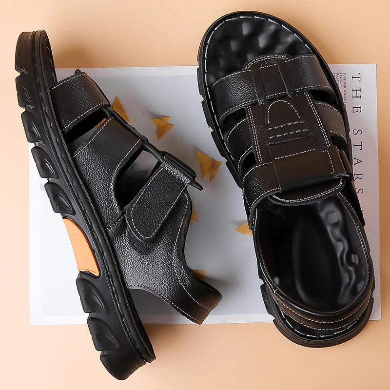 Men's Sandals Adjustable Solid Color Shoes Summer Casual Comfort with Durable Rubber Sole, Breathable PU for Outdoor Walking