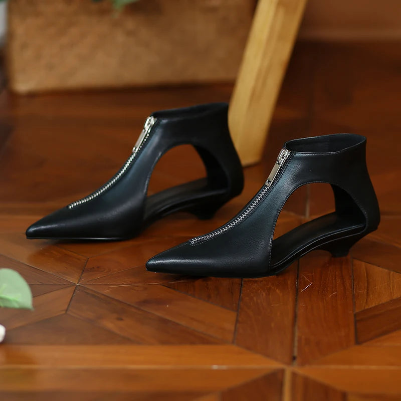 Original Design 2025 Spring Leather Women's Casual Black White Summer Boots Trendy Fashion Boots High Heels Zipper Shoes Woman