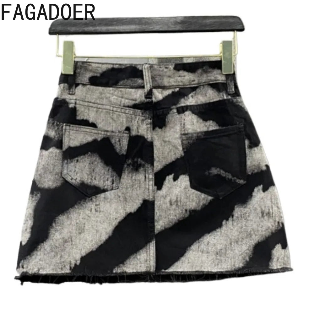 FAGADOER Gray Tie Dye Printing Fashion Denim Mini Skirts Women High Waist Button Pocket A-line Jean Skirts Sexy Y2K Streetwear