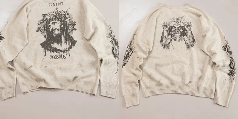 Real Photo Portrait Graffiti Print Saint Hoodie Wash Do Old Destroy Loose Pullover Casual Women Men Sweatshirt