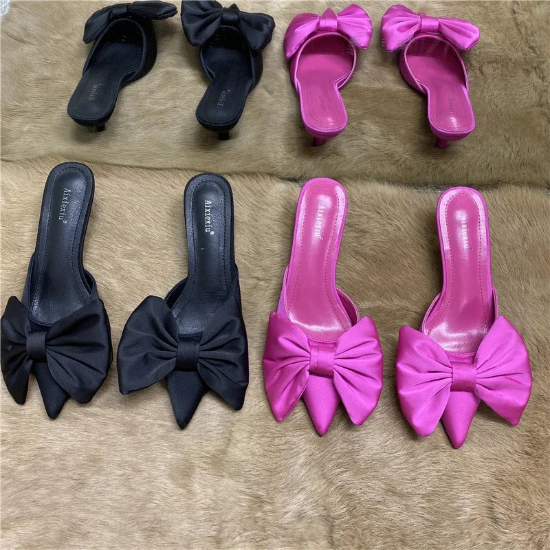 2024 Spring Pointed Toe Stiletto Heel Kitten Heels Bow Heel-Free Slippers for Women
