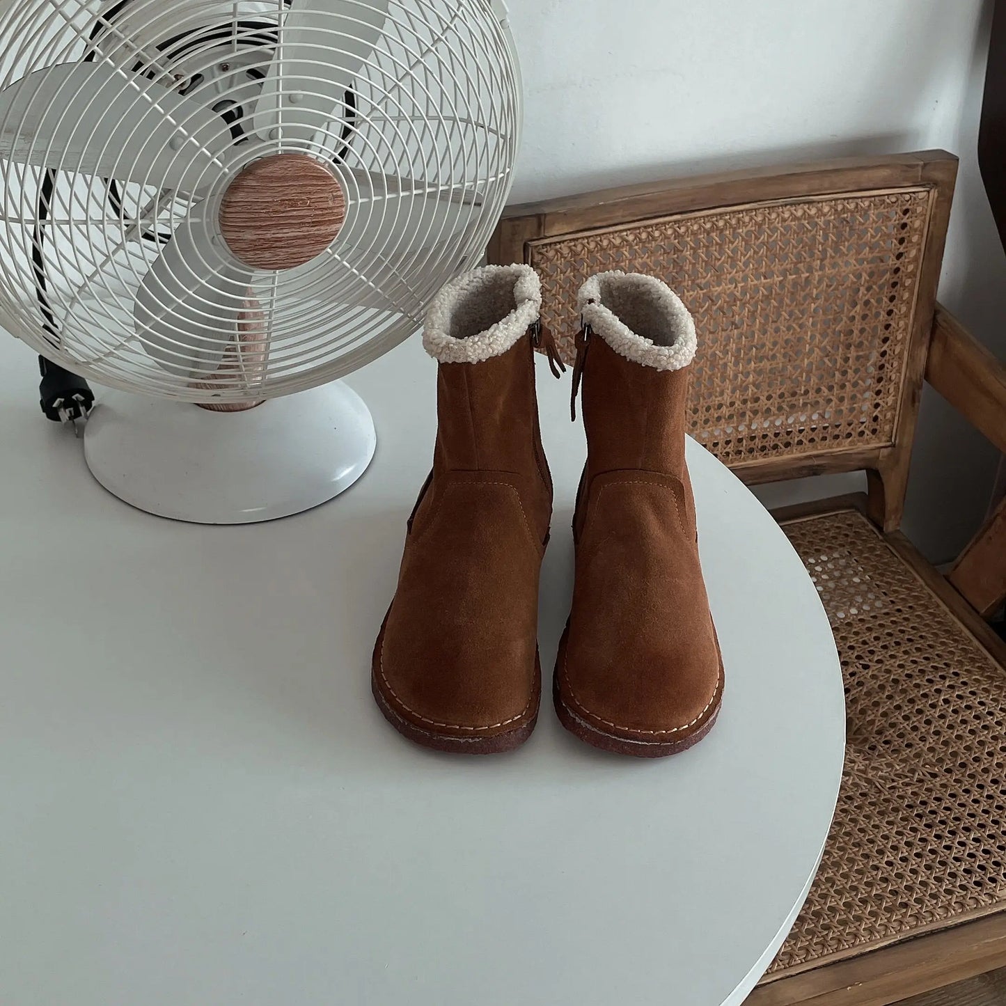 Careaymade-Genuine cow leather Snow cotton round head flats woolen short boots plush warm snow boots Oversized shoes size 35-43