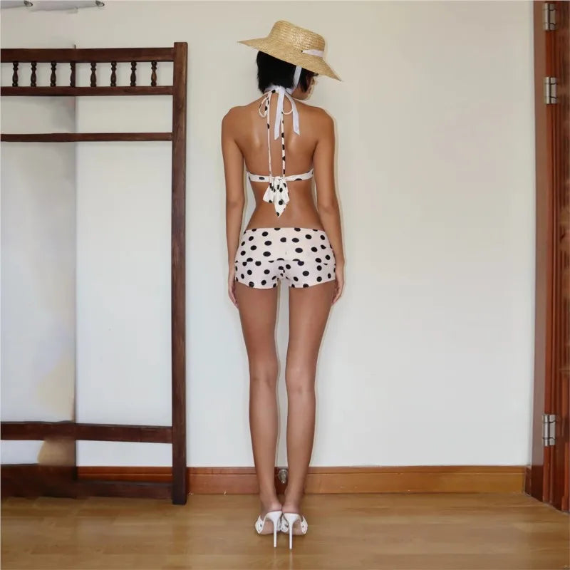 Women 2 Piece Bikini Set  Y2k Neck-wearing Bikini Sexy Polka Dot Spice Girls Shorts Beachwear Summer Holiday Low Waist Shorts