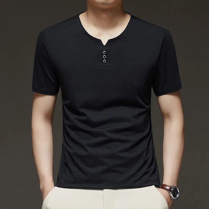 2025 New Men's Business Casual Three Button V-neck Short Sleeved T-shirt Korean Style Summer Comfortable Versatile Top