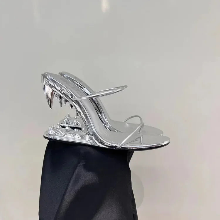 Spring Fashion Show, Teeth Shaped Heels, High Heels with Exposed Toes, Sloping Heels, Round Toe Fashion Women's Shoes
