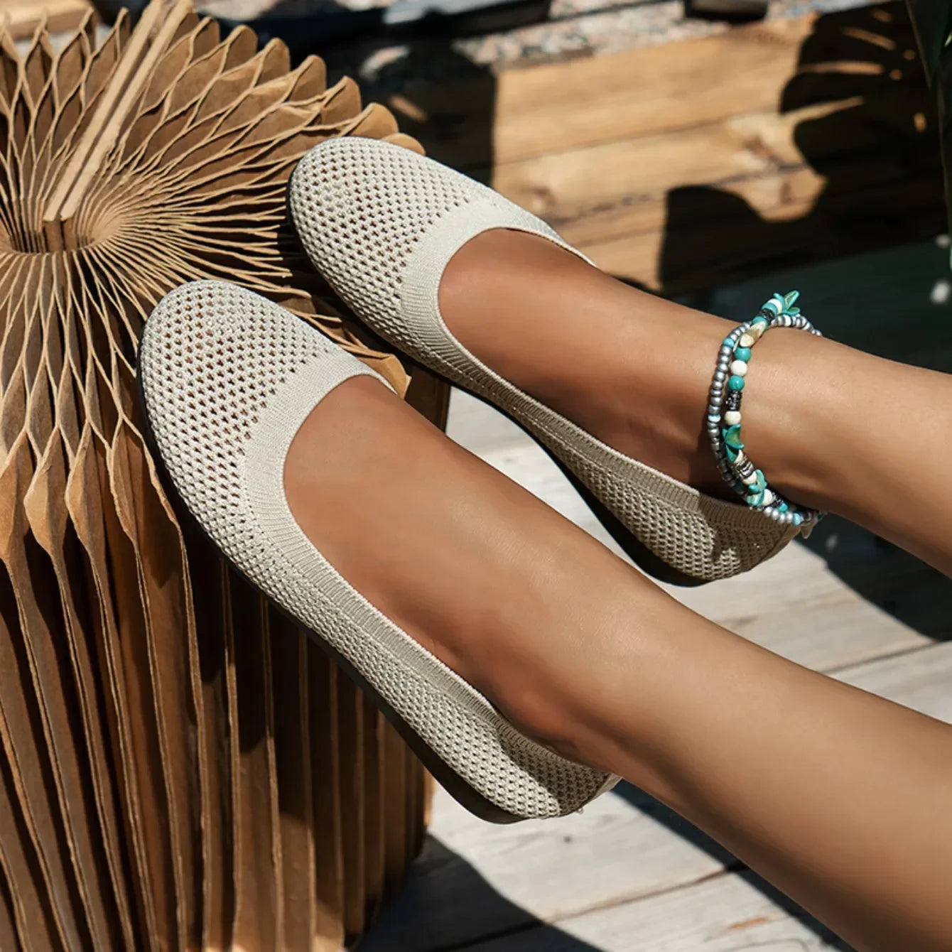 Women Round Toe Flat Shoes Solid Color Knitted Slip on Shoes Casual Breathable Ballet Flats Women Mesh Flat Shoes Loafers Woman