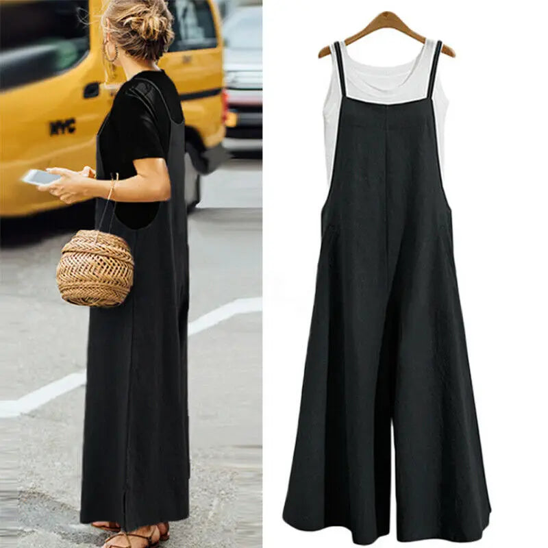 Women Loose Casual Playsuit Trousers Wide Leg Pants Overalls Baggy Romper Lady Chic Summer Sleeveless Cotton Loose Jumpsuits 5XL