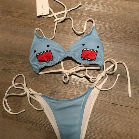 Ins Style Beachwear Bikini Women's Light Blue Shark Print Halter Tie Side Swimsuit