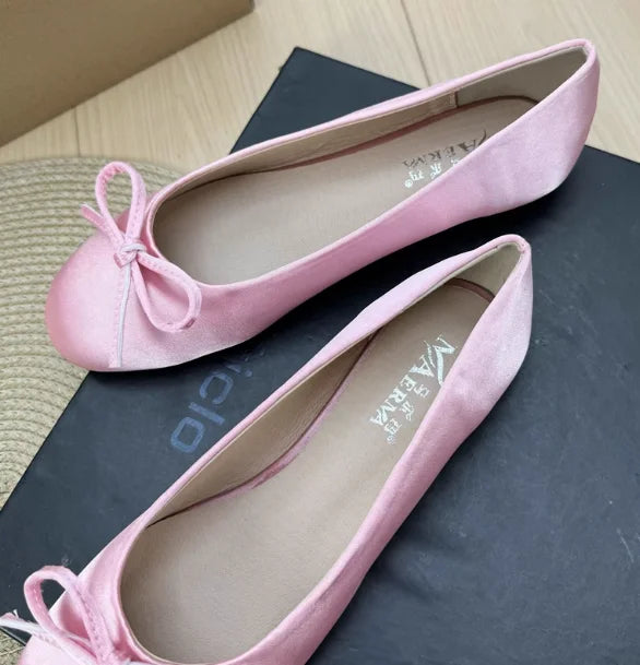 Women Plus Sizes 48 47 33 Dough Shoes With Knot Wide Fitting Round Toe Silk Stain Slip-On Pinkish Gold Blue Footwear Hand-Made
