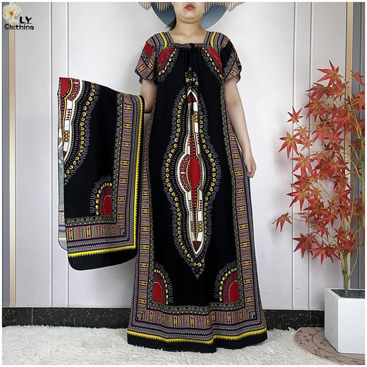 New Style African Abaya Summer Fashion Short Sleeve For Women Dress Cotton Boat Neck Loose Caftan Dubai Islam Femme Elegant Robe