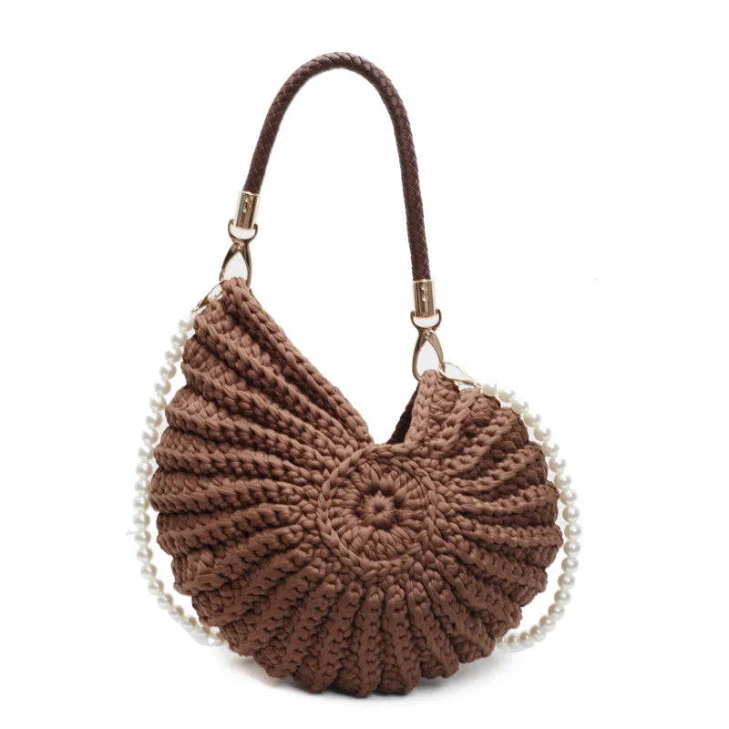 Creative Conch Shaped Crochet Women Shoulde Bags Funny Cute Pearls Chains Handmade Weave Crossbody Bag Novelty Small Handbags