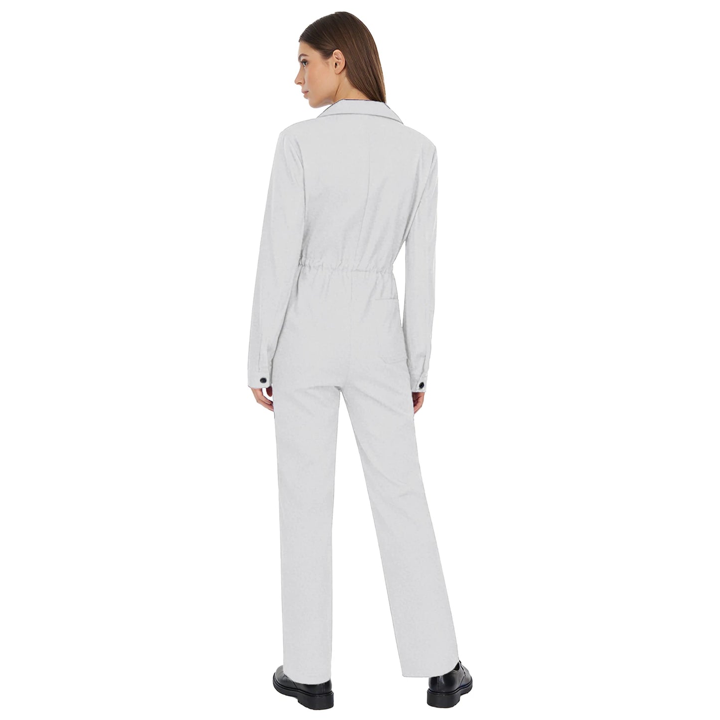 Womens Coverall Solid Color Turn-Down Collar Long Sleeve Button Jumpsuit Mechanic Work Overalls Fashion Casual Cargo Rompers