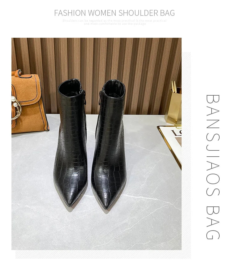 Autumn and winter new turtle patterned short boots, slim high heels, black 10cm, female pointed, slim heels, Shizang bare boots