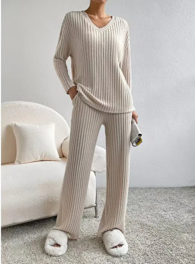 Fashionable Knitted Two-Piece Set Casual V-Neck Long Pants Autumn Winter New Style Loose Fit Korean Style Comfortable Polyester