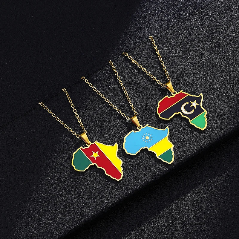 African Map Flag Pendant Necklace Stainless Steel Men Women Rwanda Sudan Uganda Zimbabwe Zambia Ethnic Maps Jewelry Gift