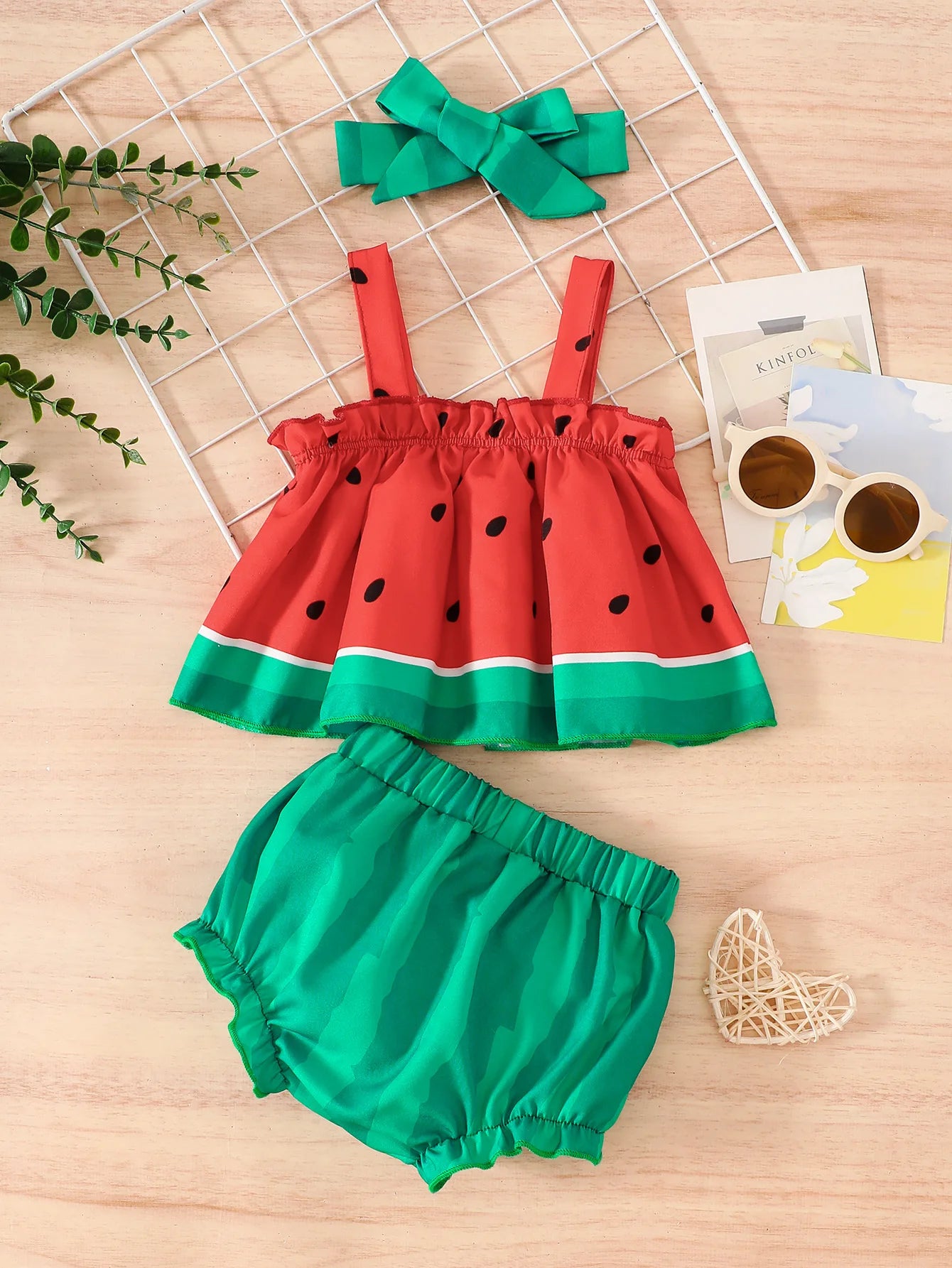 Baby Girl Watermelon Three-Piece Set: Suspender Dress, Shorts, Headband, Summer Cute Fruit-Themed Outfit