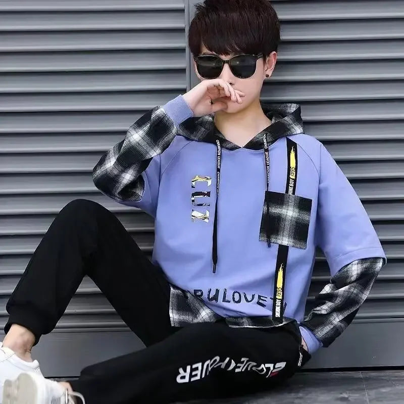 Sports Suits Jogging Male T Shirt Alphabet Pants Sets Hooded Clothes for Men Plaid Top Stylish Tracksuit Original Brands Cool S