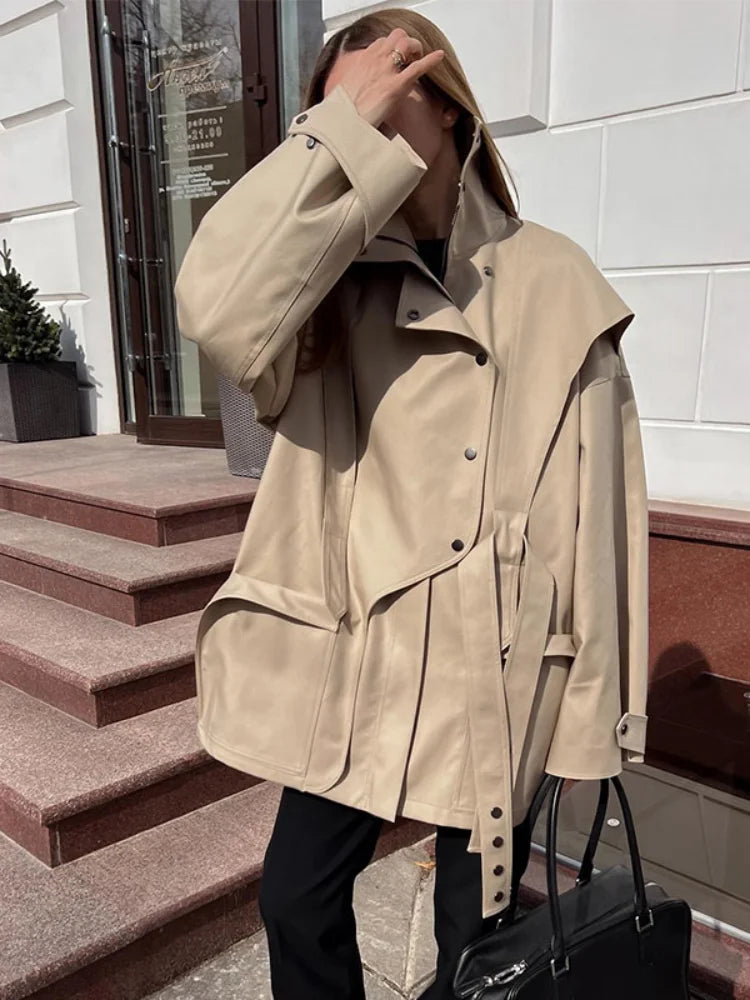Solid Oversized Tie-waist Cropped Trench Coat Women Drop Shoulder Outerwear 2026 Lady Spring Modern Edgy Fashion Streetwear Coat