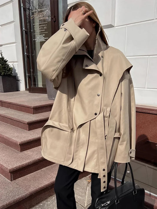 Solid Oversized Tie-waist Cropped Trench Coat Women Drop Shoulder Outerwear 2026 Lady Spring Modern Edgy Fashion Streetwear Coat