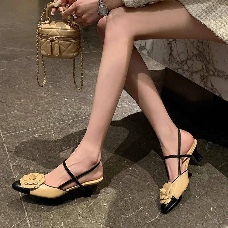 NEW Summer Women Sandals Split Leather Shoes for Women Round Toe High Heel Modern Sandals Flower Slingback Mixed Colors Shoes