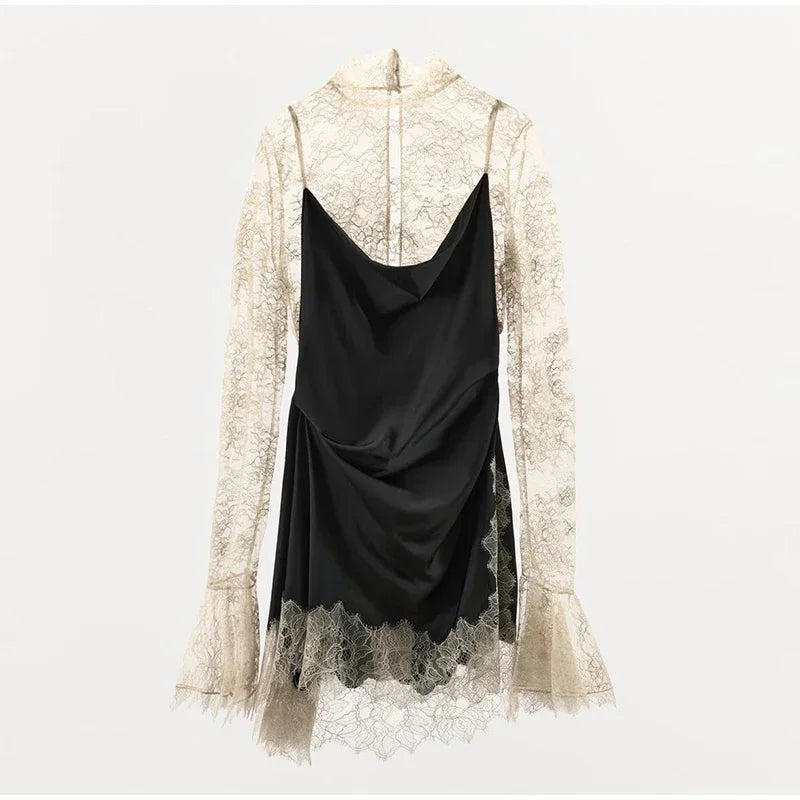 Women Lace Patchwork Sexy Mini Dress Elegant Full Flared Sleeve Waist Cinching See Through Short Dresses Lady Club Party Gowns