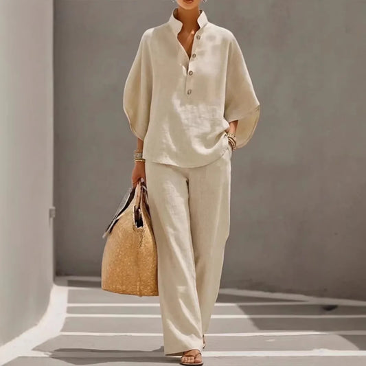 Fashion Cotton Linen  Pant Set  Women's Casual Stand Collar Button Top Wide Leg Trousers 2-piece Set Retro Female Office Suit