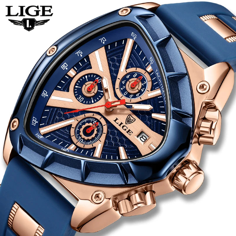 LIGE Sports Triangle Mens Watches Luminous Pointers Fashion Rubber Strap Military Irregular Quartz Wristwatch Waterproof  Watch