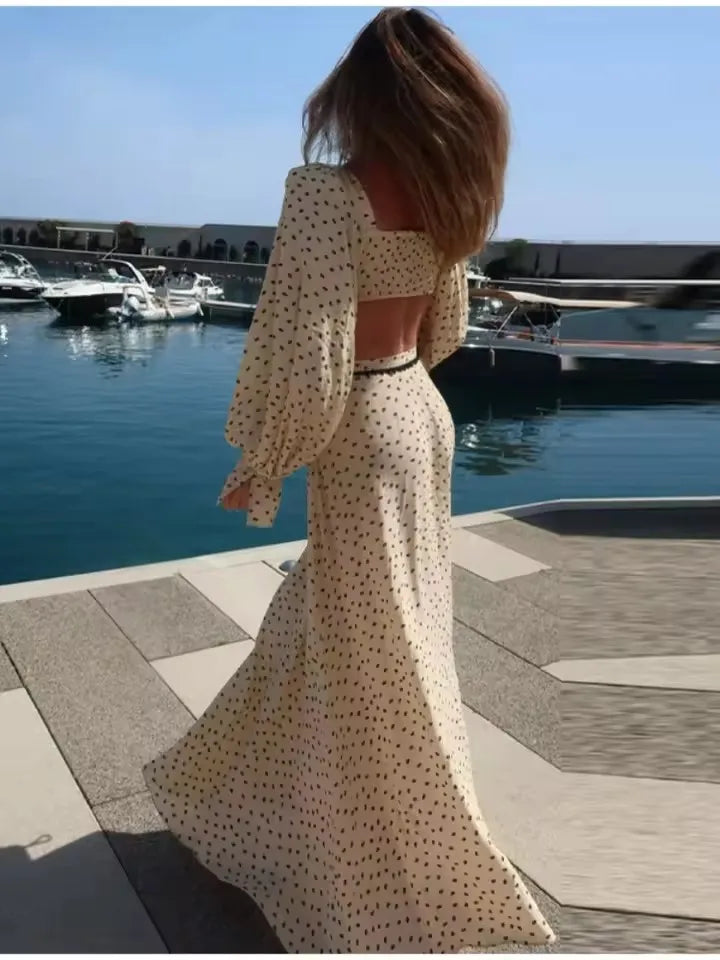 Elegant Female 2 Piece Skirt Set Polka Dots Printed Suit Cropped Short Sleeves Square Neck Top Slit High Waist Skirt Vintage Set