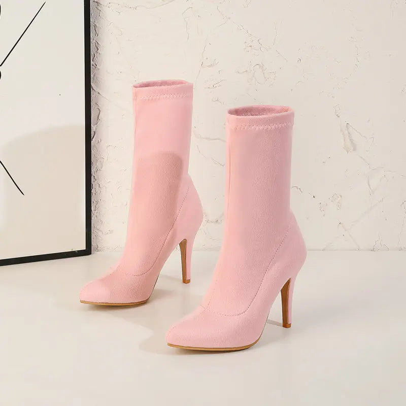 2023 Autumn Winter Sock Short Boots Lady Mid-Calf Thin High Heels Large Size 46 Fashion Women Shoes Elastic Flock Pointed Boots