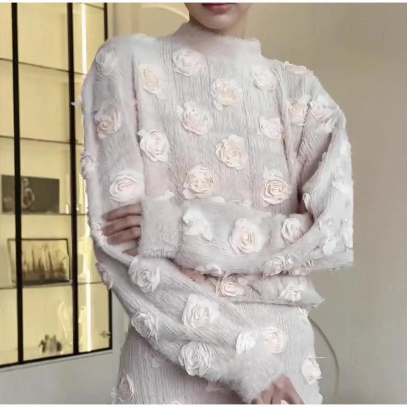 Knitting 3D Flower Tops Long Skirts Sets Women Elegant Lantern Sleeve Top Suit With Hip Package Skirt Lady 2025 Spring Outfits