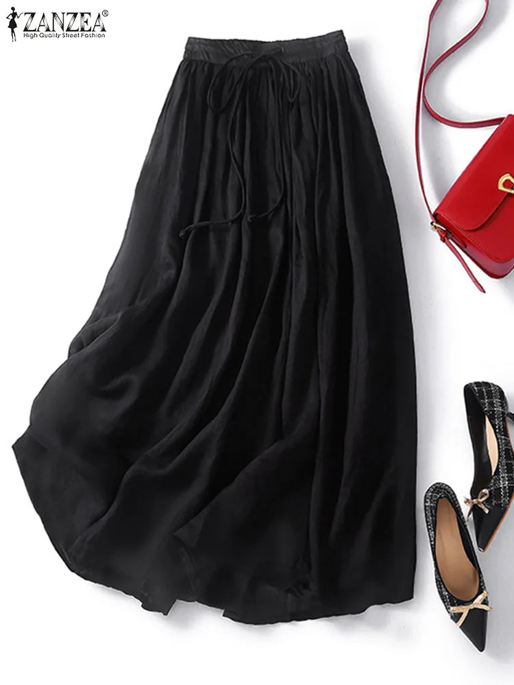 ZANZEA Elegant Faldas Flowy A-line Pleated Skirt 2024 Casual Women Elastic Waist Skirts Party Loose High Waist Solid Maxi Skirt