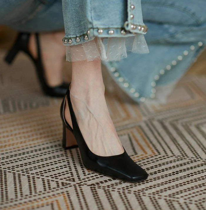 Office Ladies Summer Footwear High Heels Pumps On Heeled Square Toe Shoes For Women 2025 Fashion Leather Casual Slip A Vacation