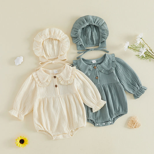 Baby Girls Long Sleeve Romper with Matching Hat Cotton Linen Solid Color Doll Collar Jumpsuit
