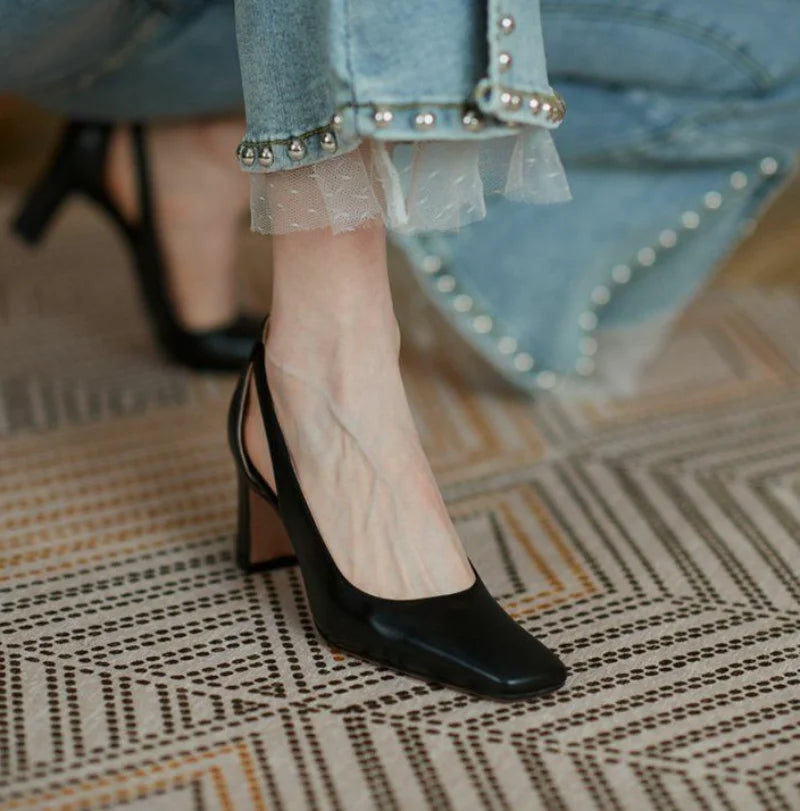 Office Ladies Summer Footwear High Heels Pumps On Heeled Square Toe Shoes For Women 2025 Fashion Leather Casual Slip A Vacation