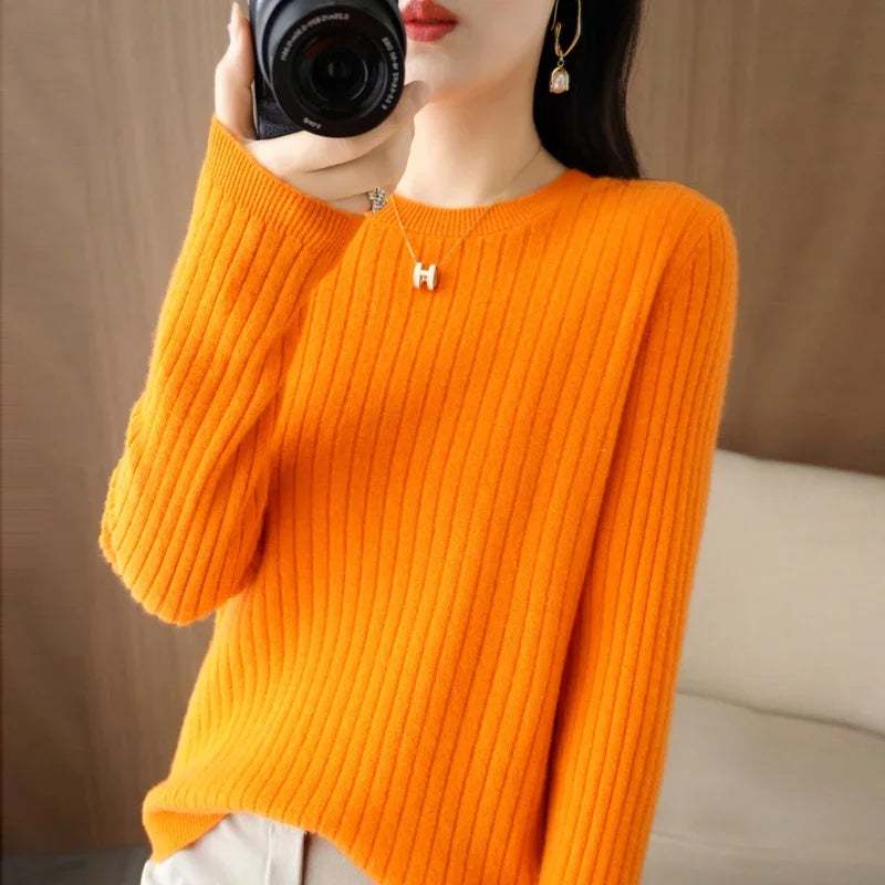 2026 Women Sweaters Autumn Winter Long Sleeve Pullovers O-neck Stripe Warm Pullover Korean Fashion Bottoming Shirts Loose Jumper
