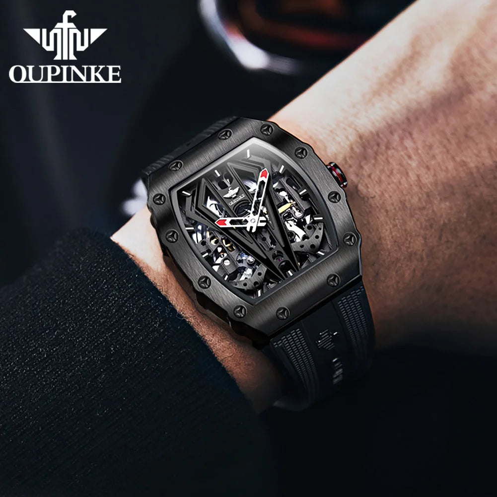 OUPINKE 3179 Automatic Watches for Man Silicone Strap Sapphire Mirror Waterproof Skeleton Tonneau Mechanical Men's Wristwatches