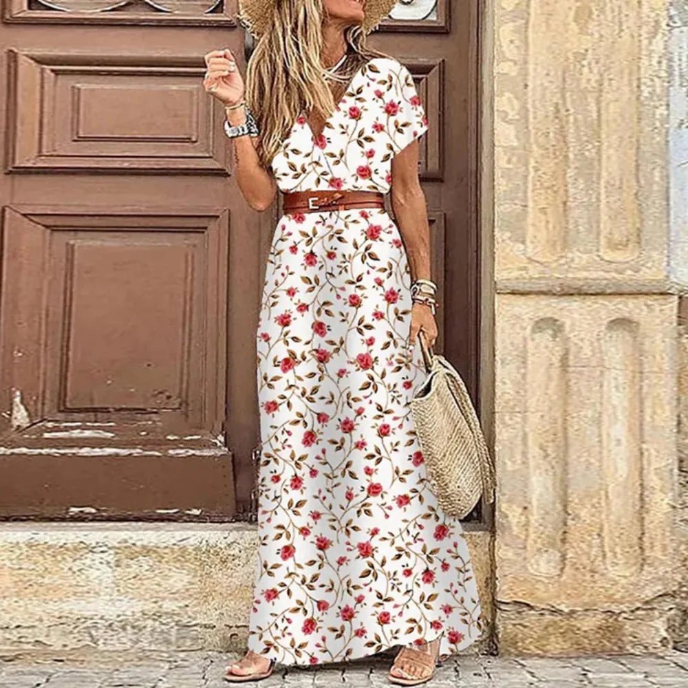 Women Summer Trend Holiday Dress Sexy Casual Elegant V-Neck High Slit Irregular Retro Vintage Print Slim With Belt Midi Dress
