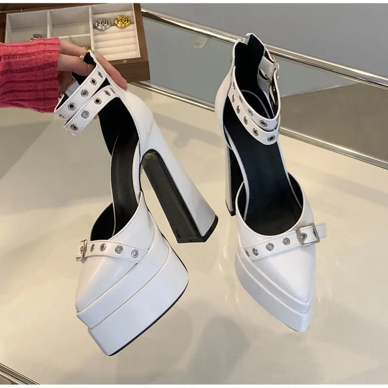 Runway style 15cm Ultra High heels Platform Wedges Women Pumps Fashion Rivet Ankle Strap Thick Heeled Spring Summer Chunky Shoes