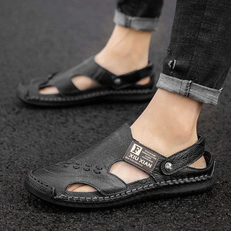 Men Soft Leather Sandals Breathable Comfort Daily Beach Big Size 45 46 Outdoor Slippers Open Toe Non-Slip Casual Summer Footwear