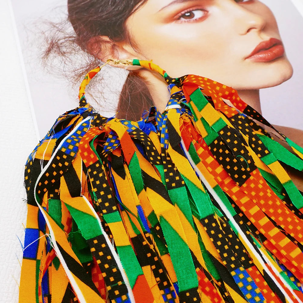 African Fabric Earrings Handmade Drop Tassels Earrings For Women Ethnic African Print Ankara Big Oversized Earings Daily Wear