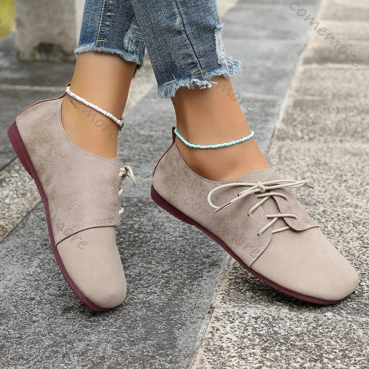 Comemore Spring Women's Flat Shoes Fashion Round Toe Lightweight Lace-up Soft Single Shoes Outdoor Casual Sneakers Mocasines
