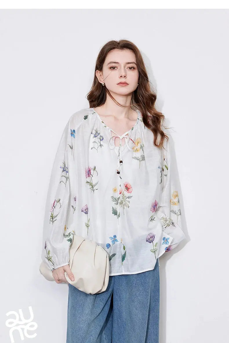 TOYOUTH Women Blouse Shirt 2025 Spring New Linen Floral Printed Velvet Casual Pullover Tops BAZAARHUBO